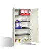Stahl-Flügeltürenschrank mit zwei Innentüren, mehreren Regalböden und Ordnern im Innenraum.