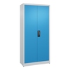 Flügeltürenschrank aus Stahl in lichtblau mit einem Griffschloss und zwei Türen.