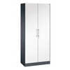 Stahl-Flügeltürenschrank mit zwei Türen, grauem Korpus und weißen Fronten, ergonomischen Griffen.