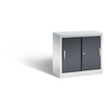 Schiebetürenschrank in schwarzgrau mit zwei Türen und ergonomischen Bügelgriffen.