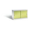 Stahl-Schiebetürenschrank in clowngrün mit zwei Schiebetüren und ergonomischen Bügelgriffen.