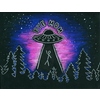Buntstiftzeichnung eines UFOs mit dem Schriftzug "BYE MOM" auf dunklem Hintergrund.