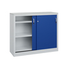 Stahl-Schiebetürenschrank mit einer blauen Tür und verstellbaren Regalen in einem weißen Korpus.