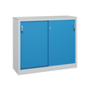 Stahl-Schiebetürenschrank in lichtblau mit zwei Schiebetüren und abnehmbarer Oberplatte.