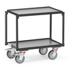 Etagenwagen mit zwei Plattformen, verstellbarem Abstand und Rollen.