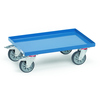 Transportroller mit blauer Stahlblechwanne und vier Rollen für Eurokasten.