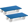 Zwei blaue Transportroller mit rutschfestem Belag und vier Rollen pro Plattform.