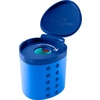 Blauer Dosenspitzer mit ergonomischer Dreikantform und rutschfesten Noppen, geöffnet.
