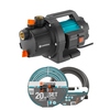 GARDENA Wasserpumpe 3000/4 Basic in Vorderansicht mit Gartenschlauch-Set im Bild.