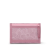 Geldbörse in Rosa mit floralem Muster und Sichtfenster für Münzen und Geldscheine.