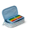 Schlampermäppchen in blauer Farbe mit bunten Stiften und Organizer-Fächern innen.