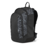 Satch Schulrucksack in Schwarz mit grafischem Muster an der Seite, seitliche Ansicht.