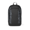 Schulrucksack in Schwarz mit grafischen Mustern auf der Vorderseite, Frontansicht.