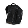 Schwarzer Schulrucksack mit sportlichem Design und grafischem Muster, seitlich abgebildet.
