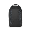 Schwarzer Schulrucksack mit grauem Innenfutter und grafischem Muster, frontal aufgenommen.
