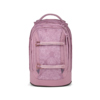 Rosa Schulrucksack mit floralen Mustern und zwei vorderen, verstellbaren Schnallen.