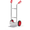 Aluminium Sackkarre mit roter Bereifung, austauschbarer Aluschaufel und gebogenem Bügel.