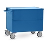 Blauer Transportwagen mit einteiligem Deckel, Gasdruckfedern und Rollen.