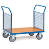 Transportwagen mit Drahtgitterseiten und Holzfußboden, in blau und grau.