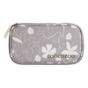Schlampermäppchen mit floralem Design in Grau und Weiß, mit Reißverschluss und Logo.