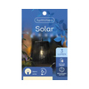 Schwarze Solarleuchte im dekorativen Design auf Produktverpackung mit Lichtakzenten.