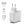 Weißes Ladegerät mit ausziehbarem USB-C-Kabel für schnelles Laden von zwei Geräten.