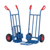 Blaue Sackkarre mit Luftreifen und klappbarer Schaufel für den Transport von runden Gütern.