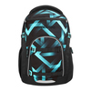 Schulrucksack mit geometrischem Muster in Schwarz und Aquablau, ideal für digitale Schulkonzepte.