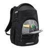 Schwarzer Schulrucksack mit gepolstertem Laptopfach und Organizer-Taschen im Innenraum.