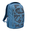 Blauer Schulrucksack mit grafischem Muster und mehreren Fächern für Bücher und Utensilien.