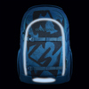 Schulrucksack in Blau mit Graffiti-Muster und reflektierenden Details auf schwarzem Hintergrund.