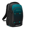 Schulrucksack in Teal und Schwarz mit gepolsterten Schulterträgern und Organizerfächern.
