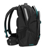 Schulrucksack von COOCAZOO in schwarzer Farbe mit tealfarbenen Akzenten, seitliche Ansicht.