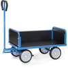 Handwagen aus blauem Stahl mit Ladefläche, zwei Stirnwänden und drehbarer Lenkung.