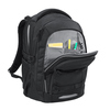 Schulrucksack COOCAZOO PORTER in Schwarz mit geöffnetem Fach, gefüllt mit Stiften und Notizen.