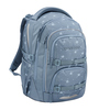 Blauer Schulrucksack mit verschiedenen Fächern und Blumenmuster, Seitenansicht.