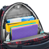 Innenansicht des COOCAZOO Schulrucksacks PORTER mit verschiedenen Fächern und bunten Dokumenten.