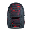 Schulrucksack in Schwarz mit rotem Muster und mehreren Fächern für optimale Organisation.