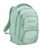 Schulrucksack in mintgrün mit Punkten, mehreren Fächern und ergonomischen Tragegriffen.