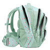 Grüner Schulrucksack mit roten Punkten, mehrere Reißverschlussfächer, seitliche Kompressionsriemen.