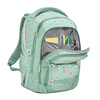 Schulrucksack in mintgrün mit Punkten, geöffnet und mit Inhalt, hinten seitlich abgebildet.