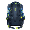 Rückansicht eines blauen Schulrucksacks mit reflektierenden Details und verstellbaren Riemen.