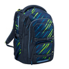 Schulrucksack COOCAZOO PORTER in Blau mit grünen Streifen, seitliche Ansicht.