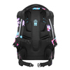 Schwarzer Schulrucksack mit farbenfrohem Blumendesign, Vorderansicht, ergonomischem Rückenpolster.