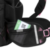 Schulrucksack mit Organizerfach und Sichtfenster für Fahrkarte am Hüftgurt in Schwarz und Pink.