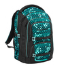 Schulrucksack mit ergonomischem Design in schwarz und türkisem Pixelmuster, fünf Fächer.
