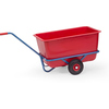 Handwagen aus Stahlrohr mit roter Kunststoffmulde und pannensicheren Rädern.