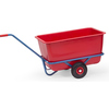 Handwagen aus Stahlrohr mit roter Kunststoffmulde und anschraubbarer Deichsel.