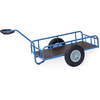 Blauer Handwagen aus Stahlrohr mit wasserfester Sperrholzfläche und anschraubbarer Deichsel.