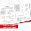 Doppelseite eines Zeichenbuchs mit Schritt-für-Schritt-Anleitungen und Zeichnungen.